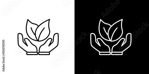Eco-friendly line art icon of hands holding leaves, symbolizing environmental protection, sustainable living, nature conservation, and organic growth concepts