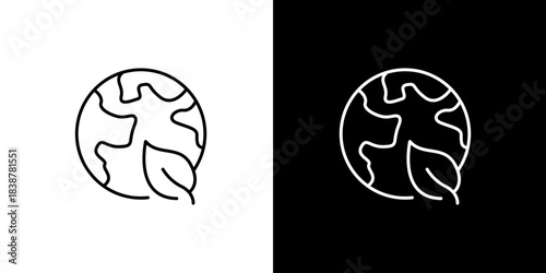 Modern minimalist line art icon of a globe integrated with a leaf, symbolizing global sustainability, environmental protection, and eco-friendly design concepts