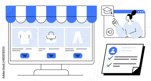 Computer screen with e-commerce site, online class instructor with graduation cap, and document checklist. Ideal for education, e-commerce, certification, digital marketing, online platforms