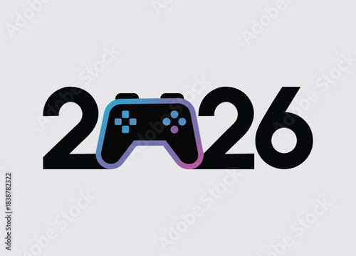 Year 2026 gaming concept with modern gradient game controller replacing the zero number