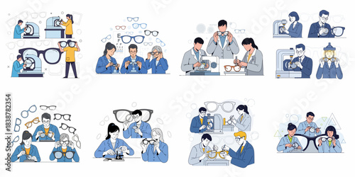 Optician and Optometrist Working on Eyeglasses. Optical Lab Technician Manufacturing, Repairing, and Fitting Lenses and Frames Illustration Set.