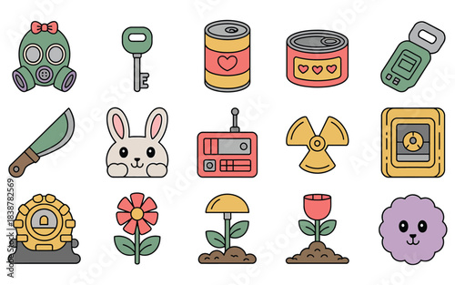 Cute cartoon icons of survival and nature objects Keywords: gas mask, key, canned food, heart