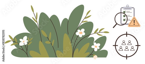 Leaves and flowers with symbols of checklist, warning sign, magnifying glass, and focus target. Ideal for risk management, compliance, analysis, planning, business goals environment and focus