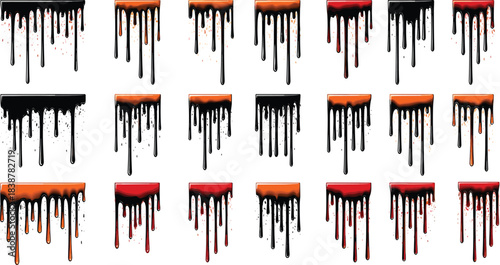 Dripping Paint Effect Vector Set of Black, Red, and Orange Liquid Slime Dripping with Blood Splatter