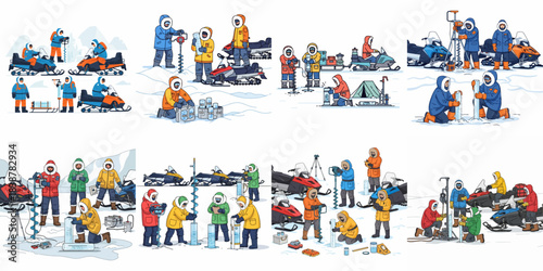 Scientific team performs ice core drilling and research in the polar environment using snowmobiles for expedition and sample collection.