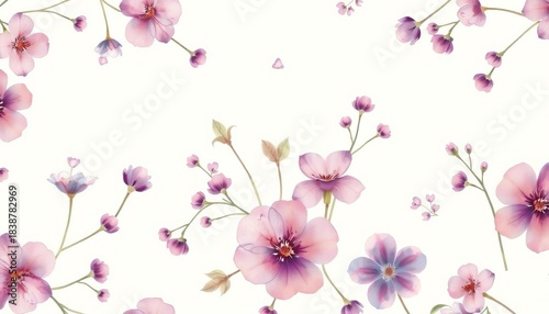 Delicate watercolor floral pattern in purple and plum hues on white background Rustic vintage style, ideal for textiles and wallpapers,  aquarelle,  spring