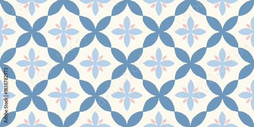 Bold Delft geometric flower seamless pattern in hand-drawn style