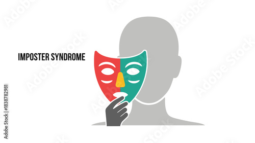 Graphic illustrating imposter phenomenon an individual grappling with self-perception, hiding identity behind a vibrant, dual-colored mask
