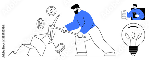 Financial growth, innovation, cryptocurrency, economic strategy, business analysis, creative solutions. A person mining coins with a pickaxe, lightbulb ideas. Financial growth and innovation