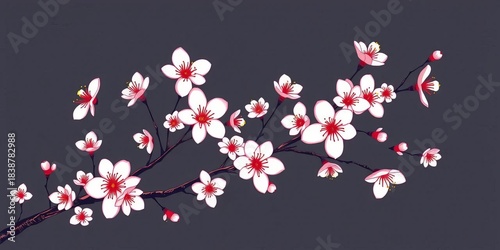 Elegant thin-line apricot blossom illustration; delicate sakura branches, hand-drawn style, vector,  spring,  cherry blossom