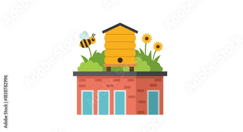 Rooftop Beehive with Flying Bee and Sunflowers on a Brick Building, Illustrating Urban Beekeeping and Sustainability