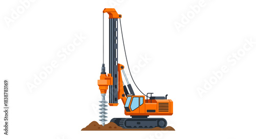 Orange drilling machine with rotating auger bit drilling into the ground on a construction site, heavy machinery for excavation and foundation building
