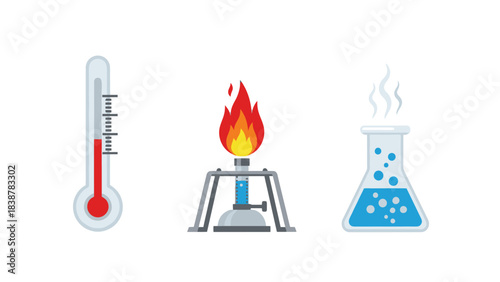 Science and research equipment thermometer, burner, and flask