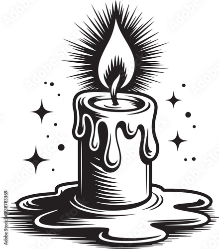 Burning candle on a dark background with stars and dripping wax for mystical ambience