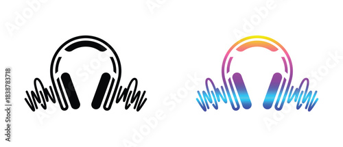 headphone music logo with sound wave in black and colorful gradient vector icon set