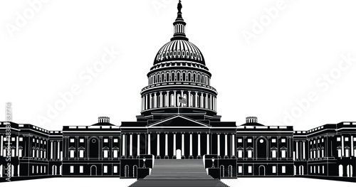 Detailed black and white illustration of the United States Capitol building showcasing classical architecture, government symbolism, historic landmark design, and Washington DC iconography
