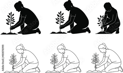 Silhouettes and line-art illustrations of a woman planting a young tree, representing environmental care, sustainability, gardening activities, nature conservation, and ecological responsibility.