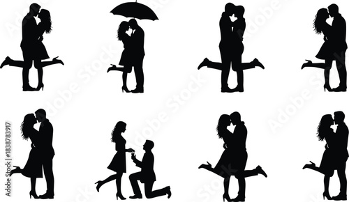 Silhouettes of a couple embracing, kissing, and proposing in various romantic poses, representing love, relationships, affection, commitment, and emotional connection