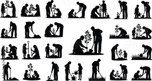 Silhouettes of adults and children planting trees together, representing environmental care, sustainability, teamwork, nature conservation, community involvement, outdoor learning, and 