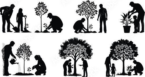 Silhouettes of adults and children planting and watering trees, representing environmental care, sustainable living, nature conservation, outdoor learning, ecological responsibility, and community 