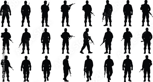 Silhouettes of armed security personnel in various standing and walking poses, representing protection, patrol duties, military readiness, and professional security roles