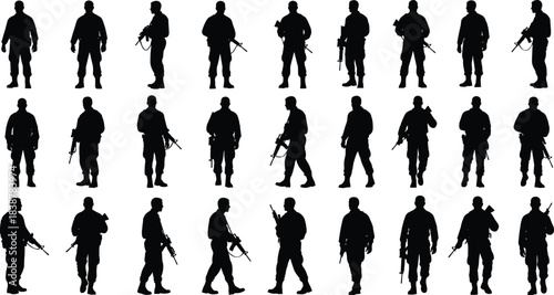 Silhouettes of armed security or military personnel standing and walking in various poses, representing protection, patrol duties, readiness, discipline, and professional security roles