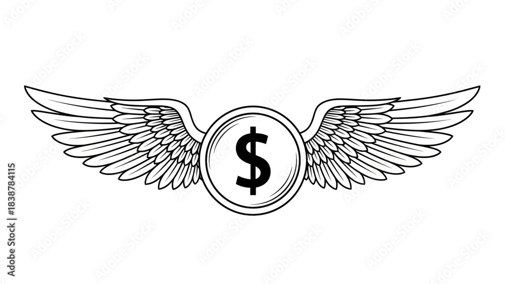Fototapeta premium Flying Dollar Symbol with Wings – Money Concept Illustration for Finance and Investment