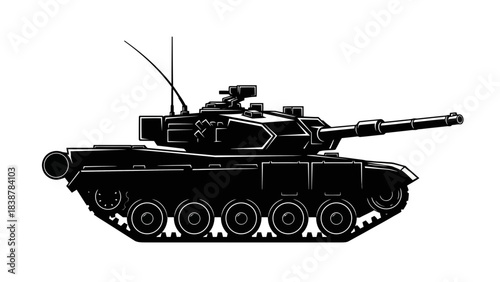 Black Military Tank Silhouette – Modern Armored Combat Vehicle Illustration
