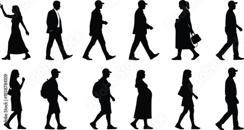 Silhouettes of diverse people walking in various poses, including business professionals, casual walkers, and pregnant women, representing everyday movement, lifestyle, and urban activity