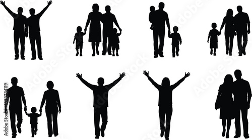 Silhouettes of families walking, embracing, and raising hands in joyful poses, representing unity, parenting, childhood, support, togetherness, and family relationships.