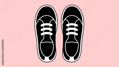 Black Sneakers Top View – Casual Lace-Up Shoes Illustration on Pink Background