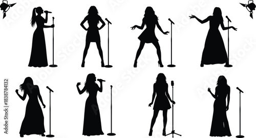 Silhouettes of female singers performing on stage with microphones and spotlights, showing dynamic poses, musical expression, entertainment energy, and artistic performance