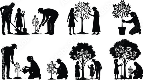 Silhouettes of families and individuals planting and caring for young trees, illustrating environmental stewardship, gardening activities, nature conservation, and sustainable outdoor practices.