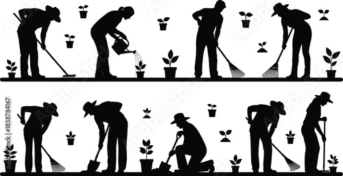 Silhouettes of gardeners performing various gardening tasks such as raking, watering, and planting, representing agriculture, outdoor work, farming activities, nature care, and sustainability.