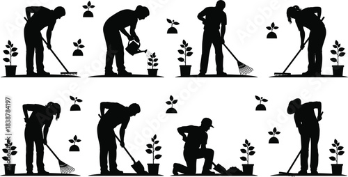 Silhouettes of gardeners performing various tasks such as watering, raking, planting, and maintaining plants, representing outdoor gardening, growth, and nature care activities.