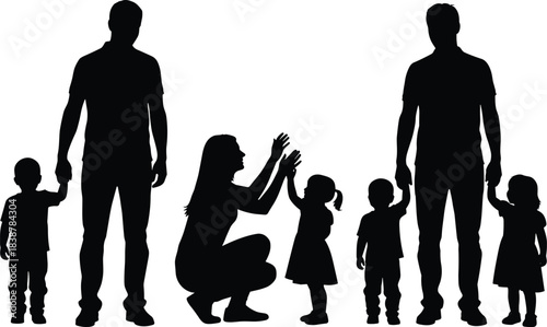 Silhouettes of parents interacting with small children in various poses, representing family bonding, guidance, childhood development, love, support, and togetherness