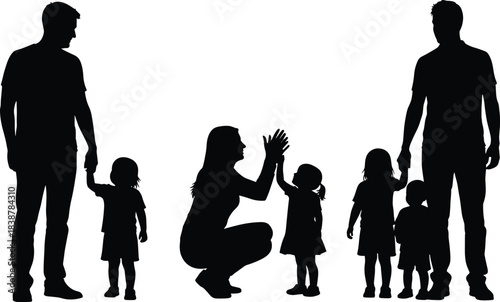 Silhouettes of parents interacting with young children in various poses, representing family bonding, parenting, childhood moments, guidance, love, support, and togetherness
