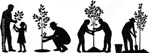 Silhouettes of people and a child planting and caring for young trees, symbolizing environmental responsibility, teamwork, nature conservation, outdoor learning, and sustainable community actions.