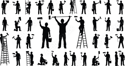 Silhouettes of painters using rollers, ladders, and tools, illustrating various painting tasks, professional workers, and home renovation concepts in diverse poses.