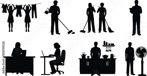 Silhouettes of people doing various household chores and daily activities, including cleaning, cooking, working, and organizing, representing routine tasks and home life