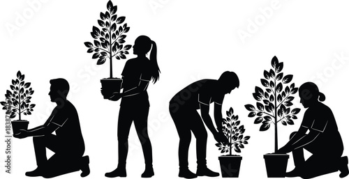 Silhouettes of people gardening and planting potted trees, symbolizing environmental care, sustainability, growth, nature conservation, and eco-friendly lifestyle 