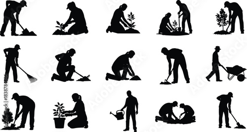Silhouettes of people gardening in various poses, planting, digging, raking, watering, and using tools, representing outdoor work, nature care, horticulture, and landscaping activities