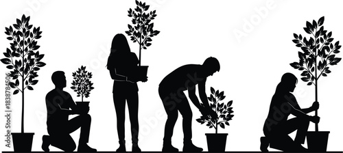 Silhouettes of people planting and arranging potted trees, illustrating gardening tasks, nature care, environmental growth, teamwork, and outdoor horticulture activities.