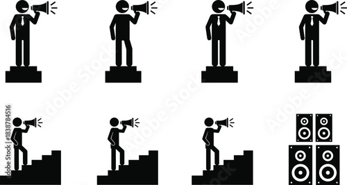 Silhouettes of people speaking through megaphones on platforms and stairs, symbolizing communication, leadership, public announcement, motivation, and message amplification concepts.