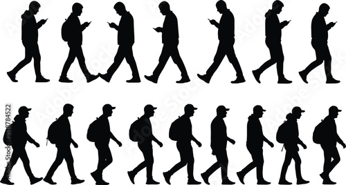 Silhouettes of people walking with backpacks or using smartphones, representing daily commute, modern lifestyle, mobility, technology use, routine movement, and urban activity.
