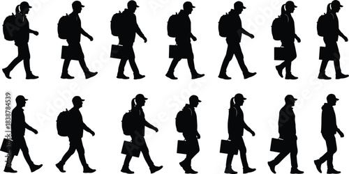 Silhouettes of people walking with backpacks and briefcases, representing daily commute, travel routines, mobility, modern lifestyle, outdoor movement, and urban pedestrian activity.