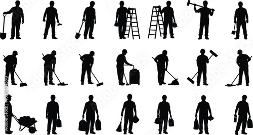 Silhouettes of workers performing various cleaning and maintenance tasks with tools and equipment, representing labor, industry, effort, productivity, and everyday job activities