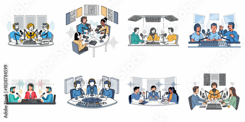 Collection of vector illustrations showing diverse teams recording podcasts and live radio broadcasts in various studio settings, utilizing microphones and mixing consoles.