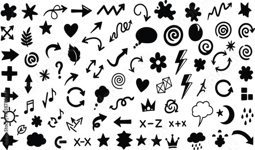 Collection of hand drawn doodle elements and shapes in black and white