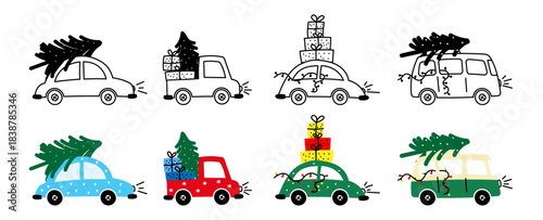 cute car in christmas theme carry christmas gift and spurce tree